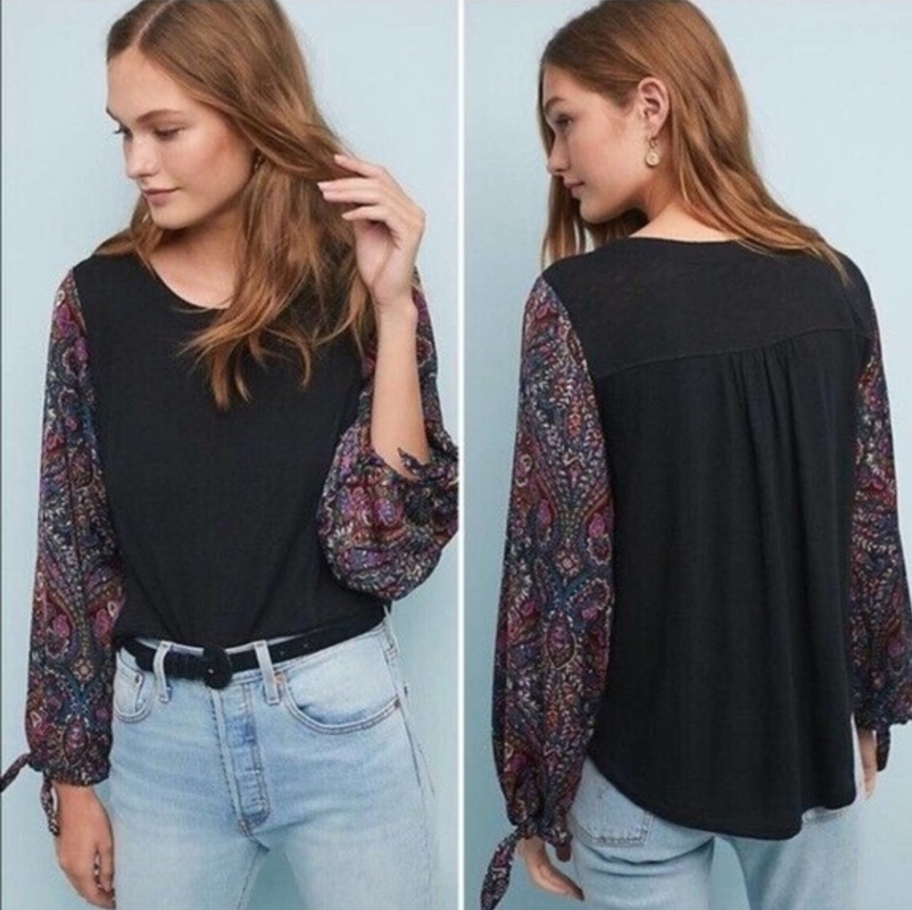 Anthropologie Akemi + Kin Paisley Sleeve Boho Top Size L Black Tie Cuff
